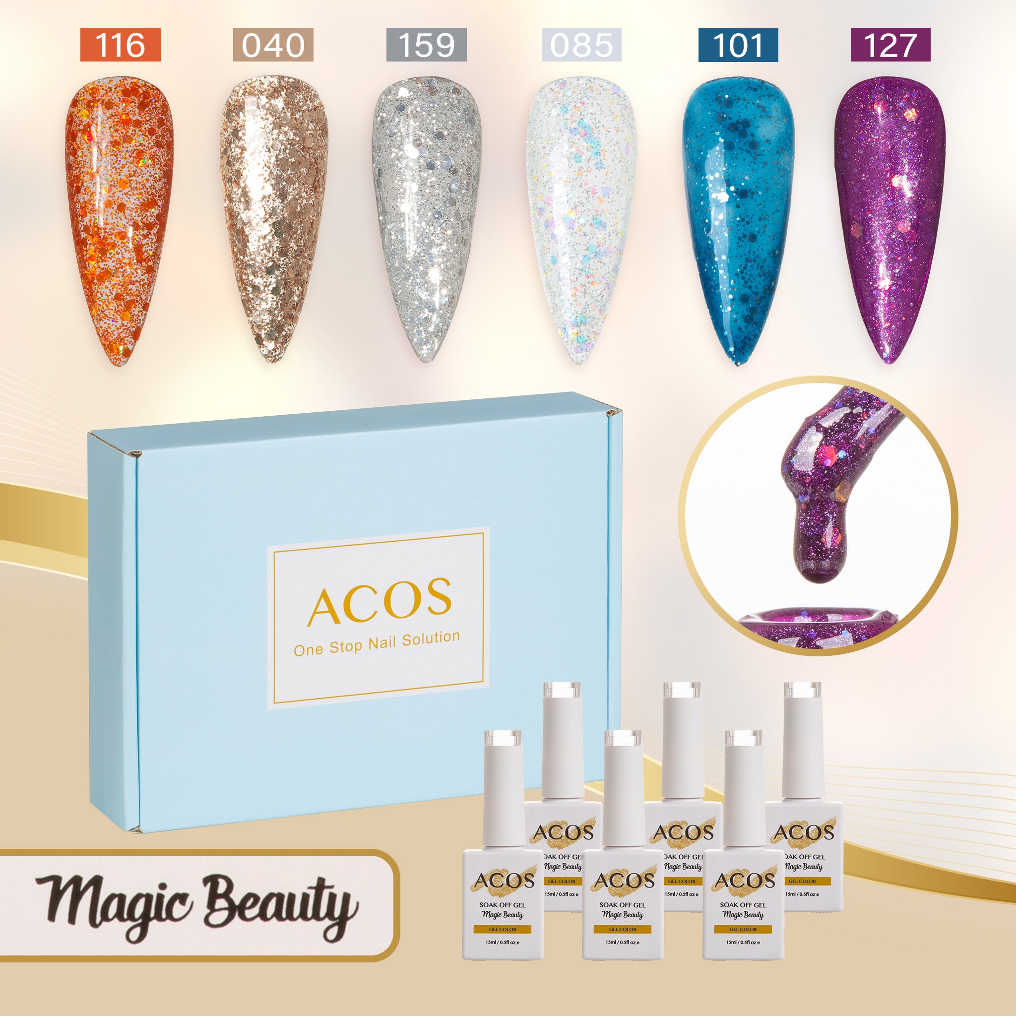 ACOS Gel Polish 6pcs Set (Sparkling Glitter Colour) - Lashmer