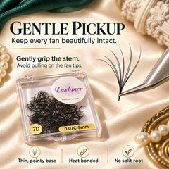 Lashmer 7D 0.07C-8mm false eyelash clusters in a clear square case, shown on a champagne satin background with tweezers lifting one lash fan and promotional text about gentle pickup.