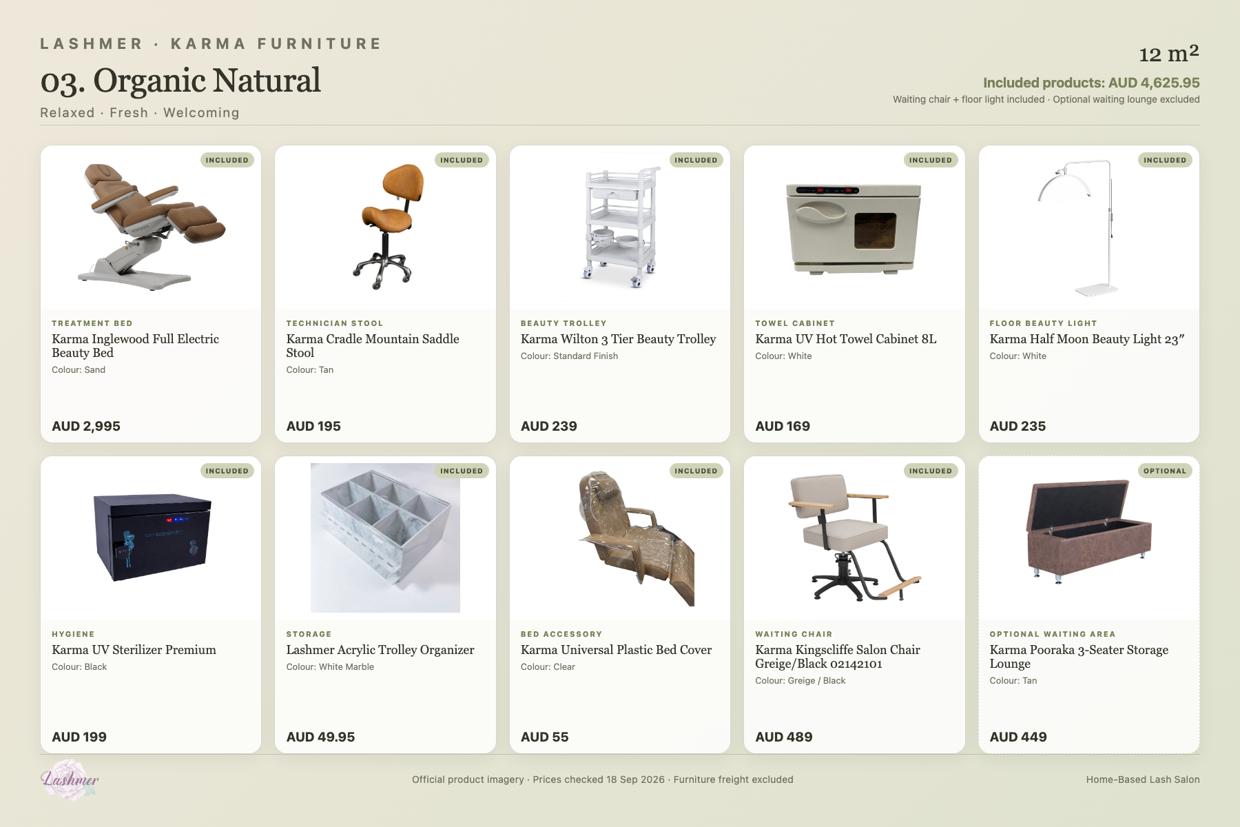 Organic Natural package product schedule with included furniture and optional lounge