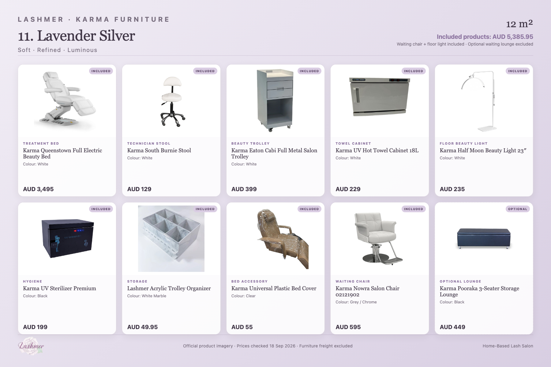 Lavender Silver package product schedule with included furniture and optional lounge