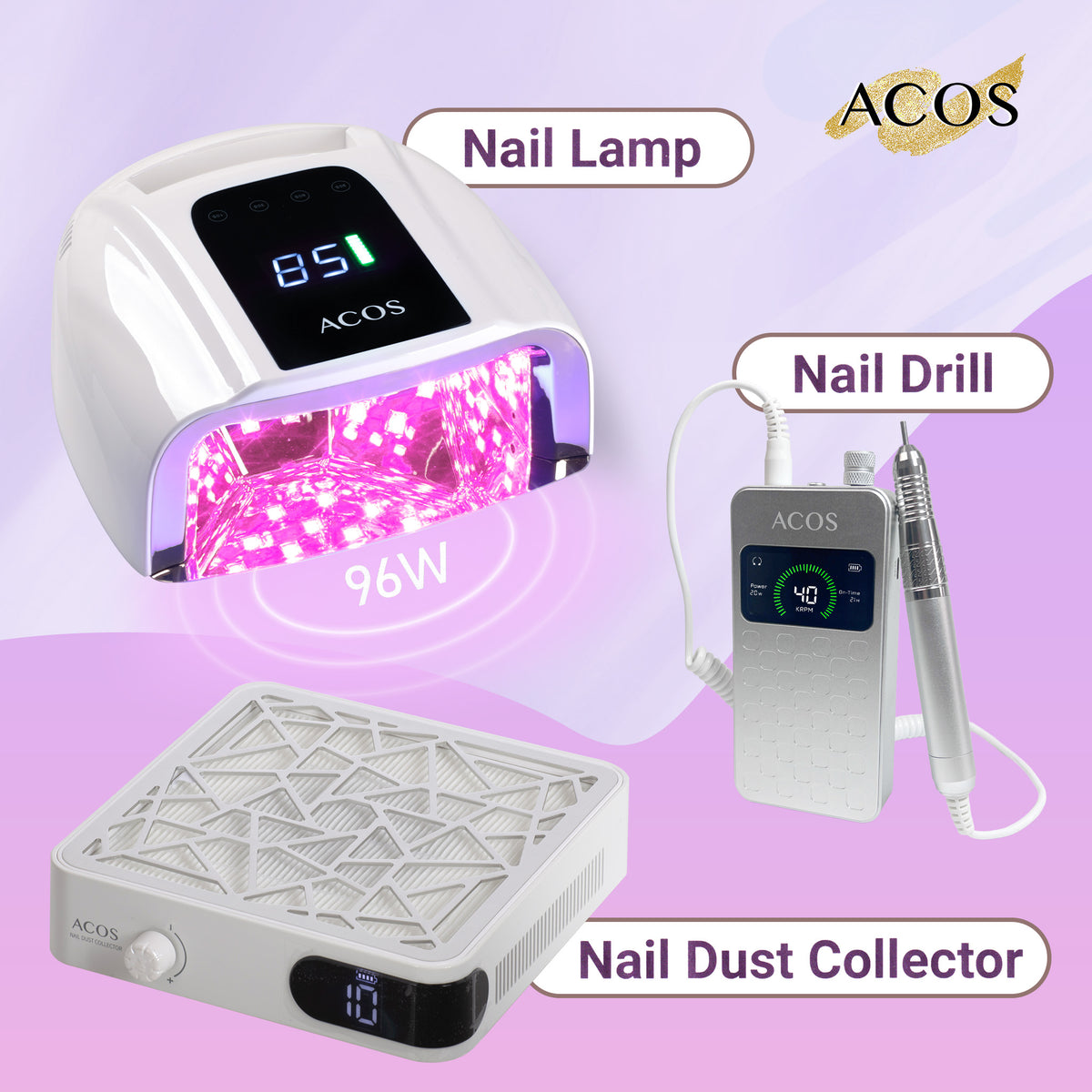 ACOS Professional Brushless Nail Drill + Rechargeable Nail Lamp 96W Pair +Nail Dust Collector