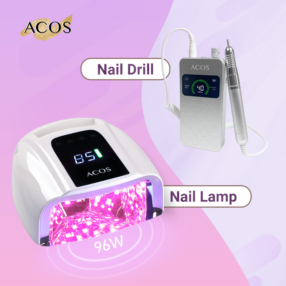 Máy Khoan Móng Không Chổi Than Chuyên Nghiệp ACOS + Đèn Hơ Móng Sạc Lại 96W Cặp Đôi
