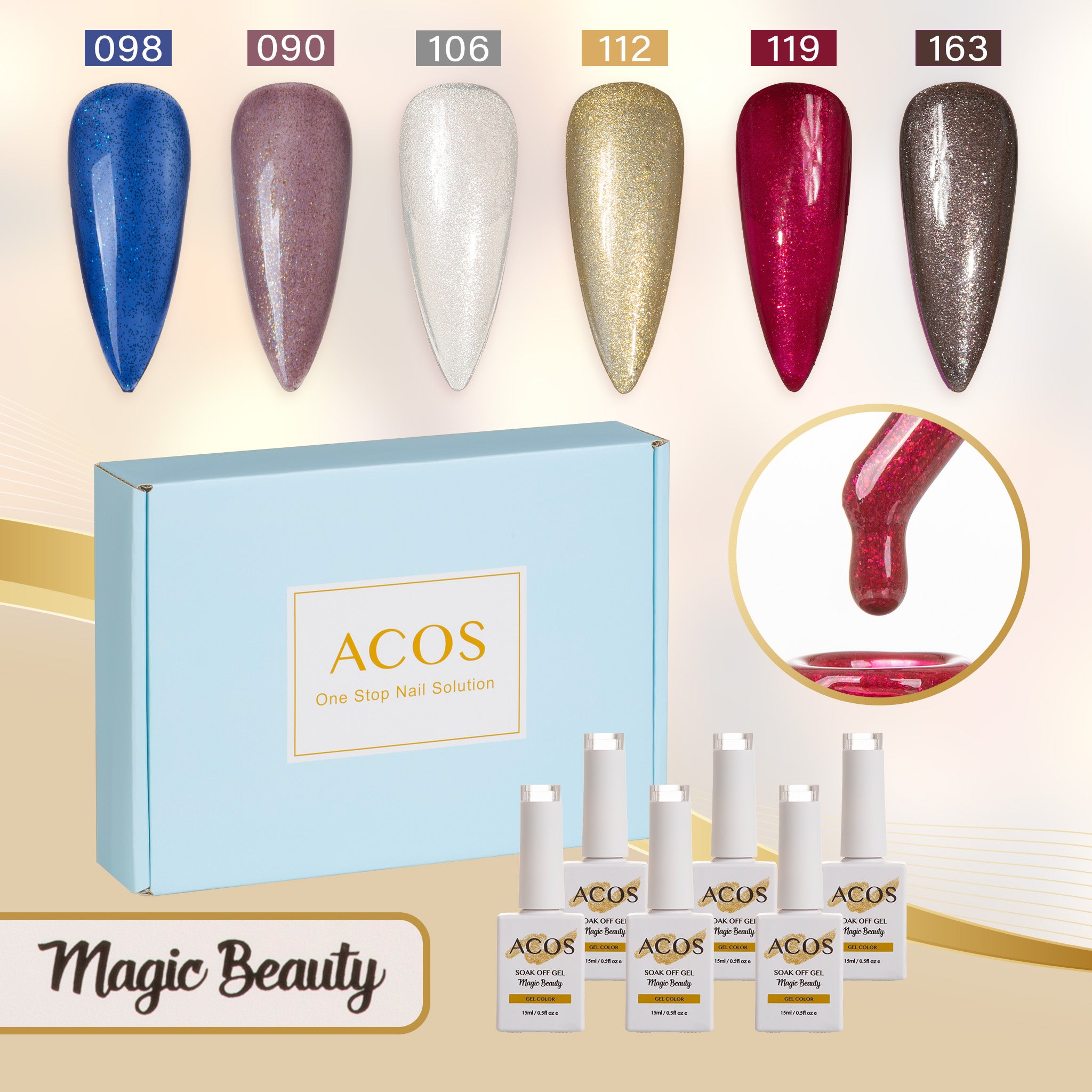 ACOS Gel Polish 6pcs Set (Fine Glitter Colour) - Lashmer