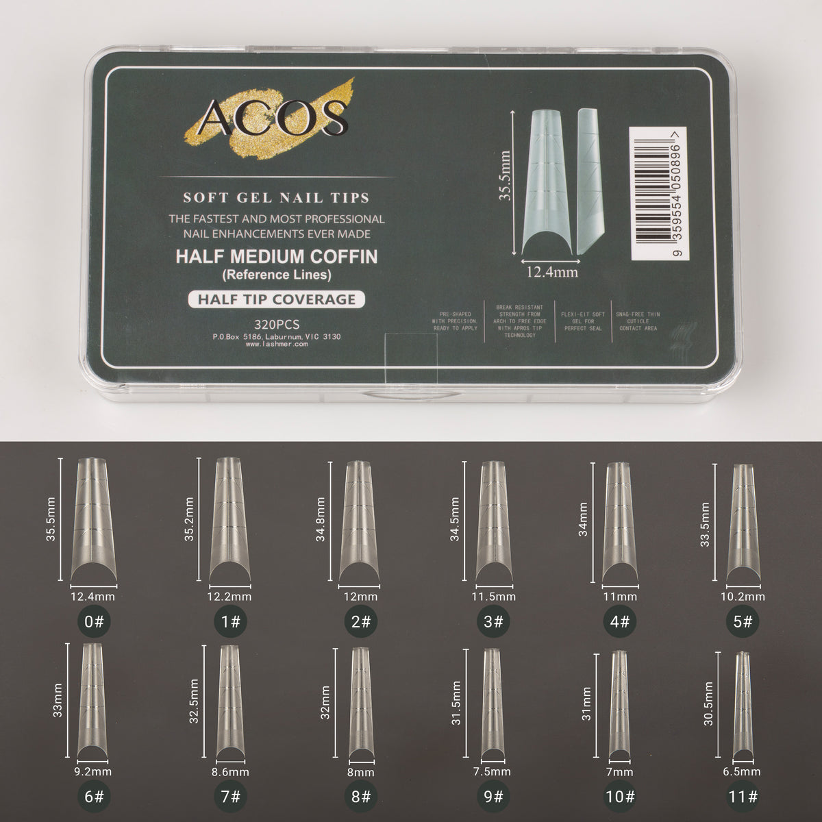 ACOS Soft Gel Nail Tips (Half Tip with lines) -Coffin (312pcs/box) - Lashmer