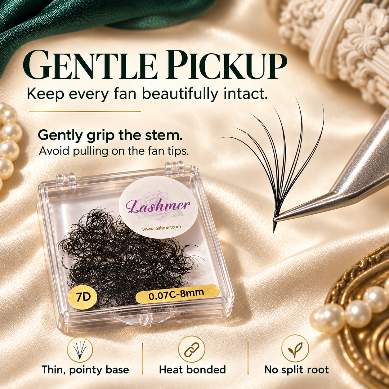 Lashmer 7D 0.07C-8mm false eyelash clusters in a clear square case, shown on a champagne satin background with tweezers lifting one lash fan and promotional text about gentle pickup.