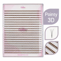 A pack of 3D pointy eyelash extensions in a clear plastic tray with a pink interior, shown alongside informational graphics detailing the 'Pointy 3D' shape and lash density.