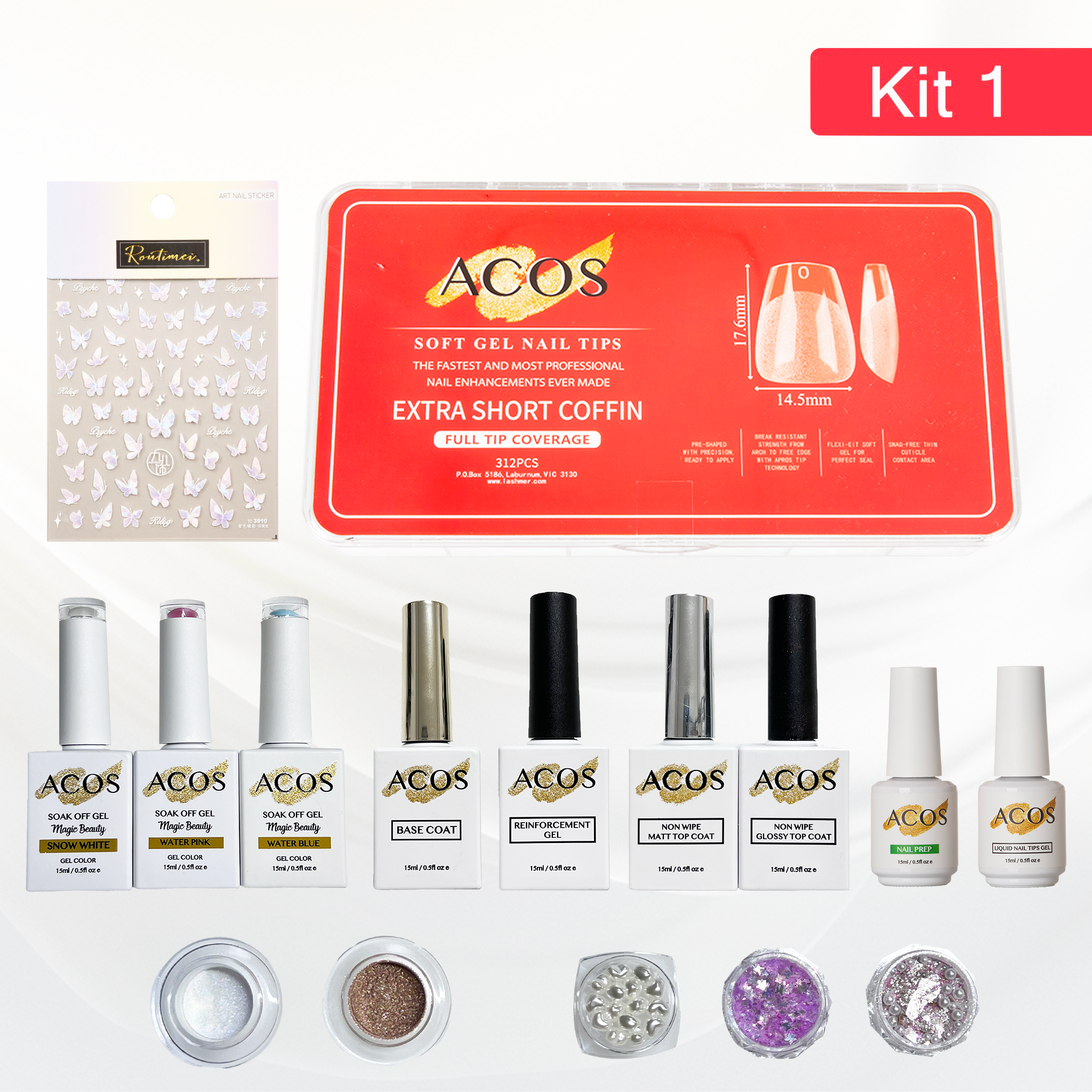 ACOS Soft Gel Press On Nail Kit (Gel color +chrome powder+sticker) - Lashmer
